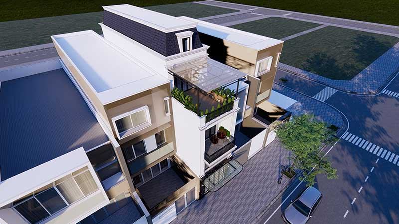 Bản vẽ nhà 2 tầng phong cách Tân Cổ Điển có sân thượng nhỏ ấn tượng