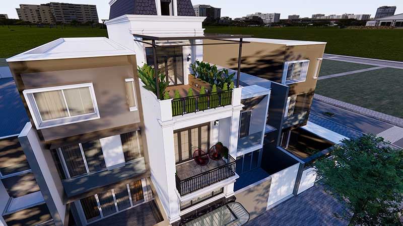 Bản vẽ nhà 2 tầng phong cách Tân Cổ Điển có sân thượng nhỏ ấn tượng