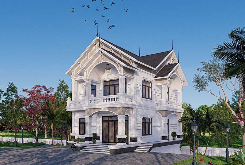 Bản vẽ thiết kế nhà 1 trệt 1 lầu mái Thái phong cách tân Cổ Điển