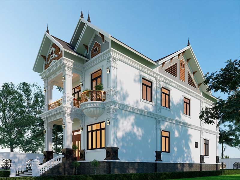 Bản vẽ thiết kế nhà ống 1 trệt 1 lầu phong cách Tân Cổ Điển có 4 phòng ngủ