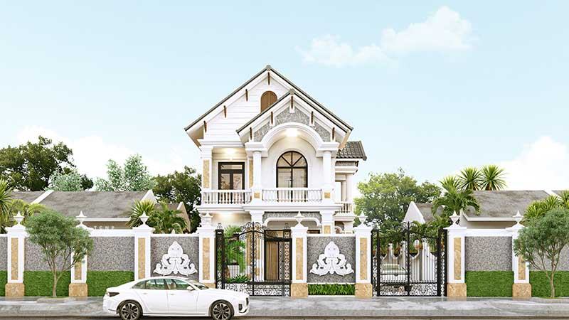 Mẫu nhà 1 trệt 1 lầu Tân Cổ Điển ở nông thôn có sân vườn đẹp mắt Nhất Tín