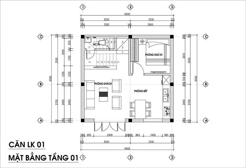 Bản vẽ nhà 1 trệt 1 lầu mái Bằng mang phong cách Tân Cổ Điển