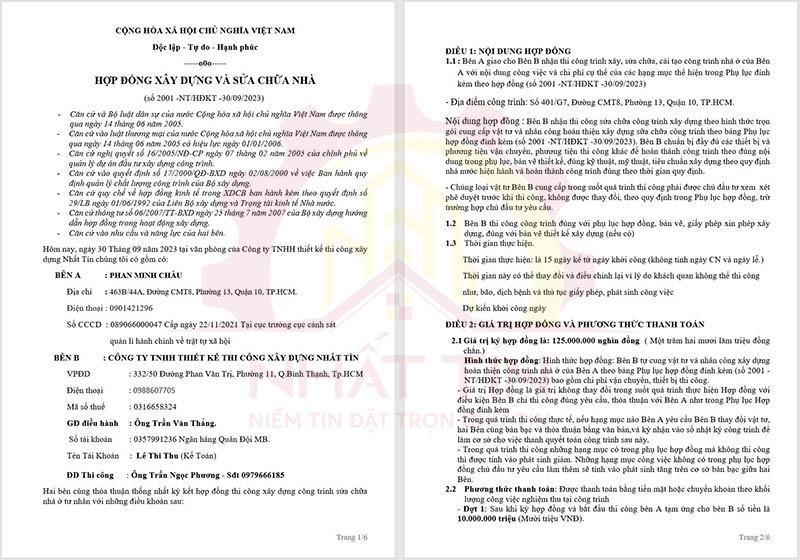 Mẫu hợp đồng sửa chữa công trình Nhất Tín