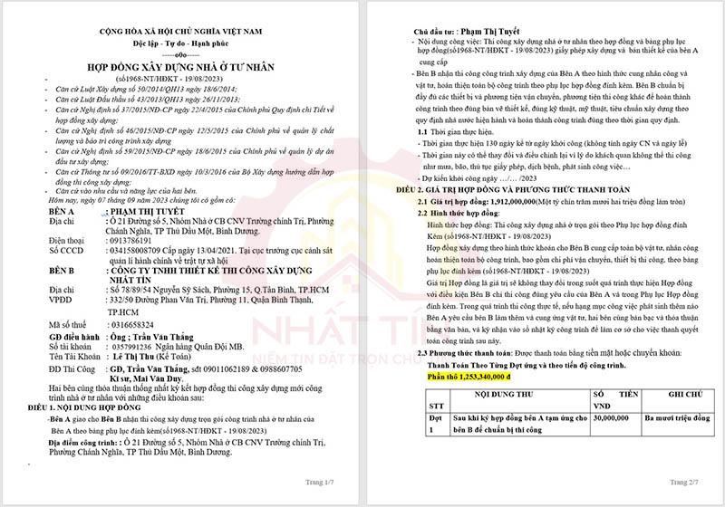 Mẫu hợp đồng xây dựng nhà mới Nhất Tín