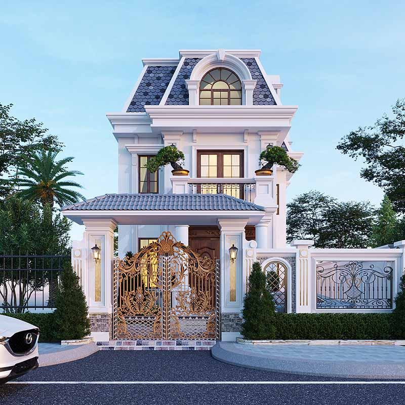 Bản vẽ thiết kế biệt thự phố 1 trệt 1 lầu mặt tiền 5m mái Mansard Nhất Tín