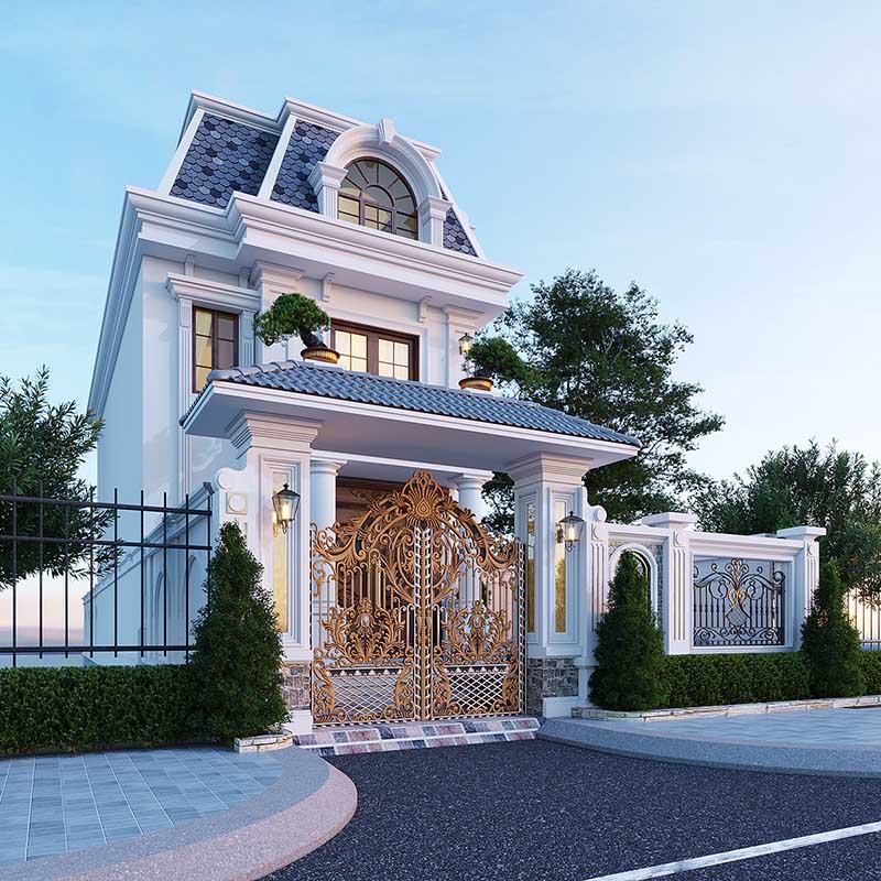 Bản vẽ thiết kế biệt thự phố 1 trệt 1 lầu mặt tiền 5m mái Mansard Nhất Tín