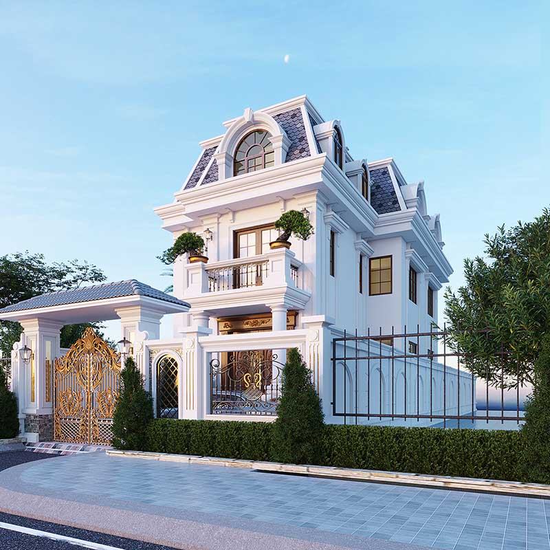 Bản vẽ thiết kế biệt thự phố 1 trệt 1 lầu mặt tiền 5m mái Mansard Nhất Tín