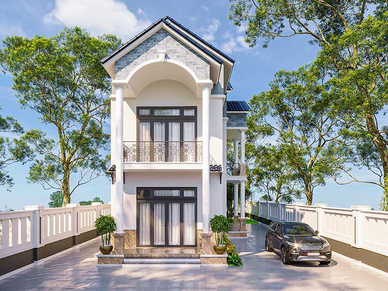 Bản vẽ thiết kế nhà mái Thái 2 mặt tiền 1 trệt 1 lầu 5x25m Nhất Tín