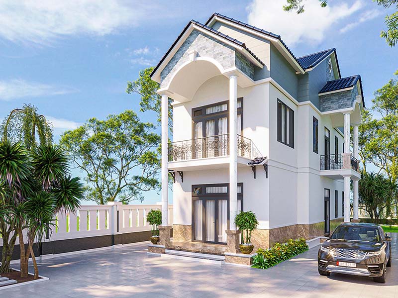 Bản vẽ thiết kế nhà mái Thái 2 mặt tiền 1 trệt 1 lầu 5x25m Nhất Tín