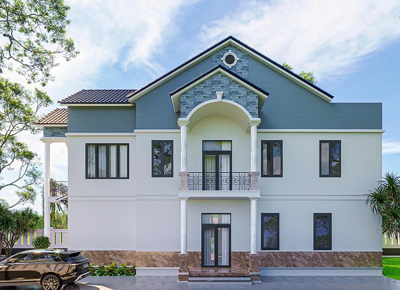 Bản vẽ thiết kế nhà mái Thái 2 mặt tiền 1 trệt 1 lầu 5x25m Nhất Tín