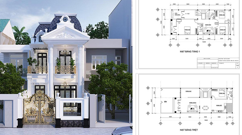 Mẫu nhà ngang 5m 1 trệt 1 lầu Tân Cổ Điển Nhất Tín
