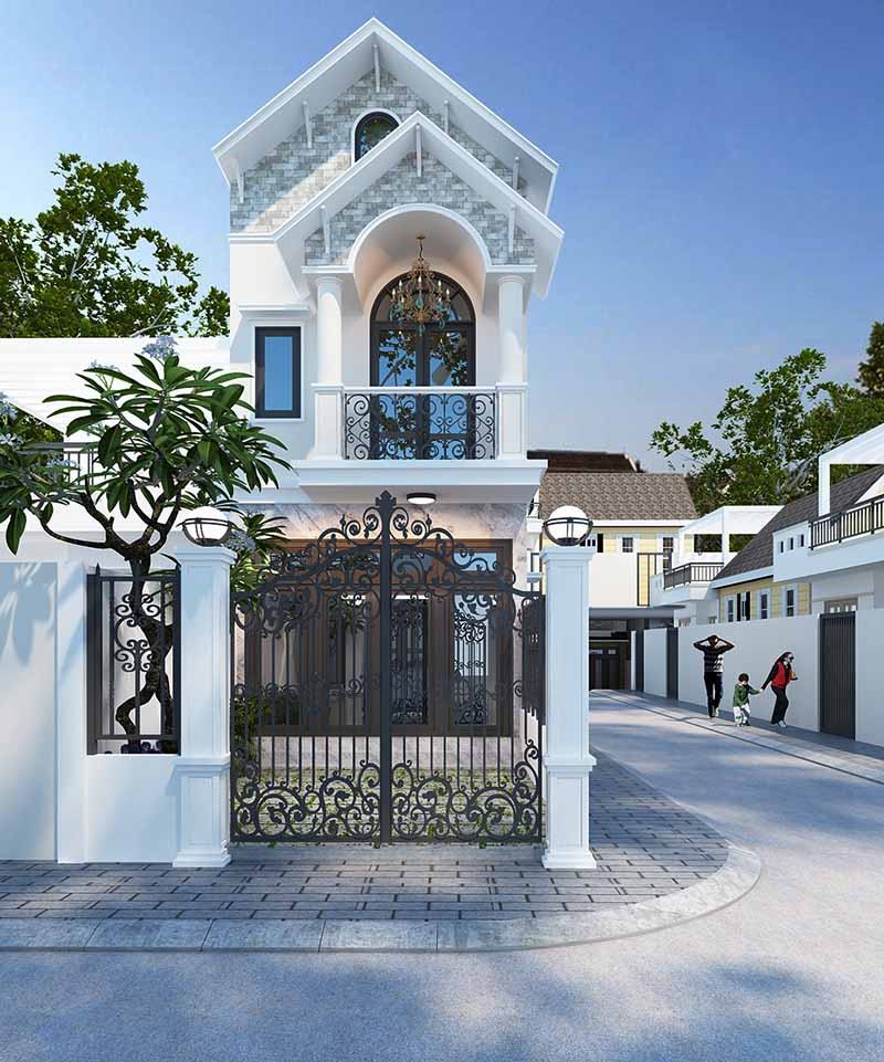 Nhà ống mái Thái 2 tầng ngang 5m với mặt tiền ốp đá Nhất Tín