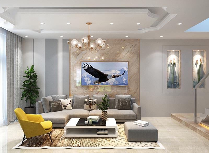 Nhà ống mái Thái 2 tầng ngang 5m với mặt tiền ốp đá Nhất Tín