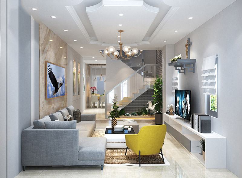 Nhà ống mái Thái 2 tầng ngang 5m với mặt tiền ốp đá Nhất Tín