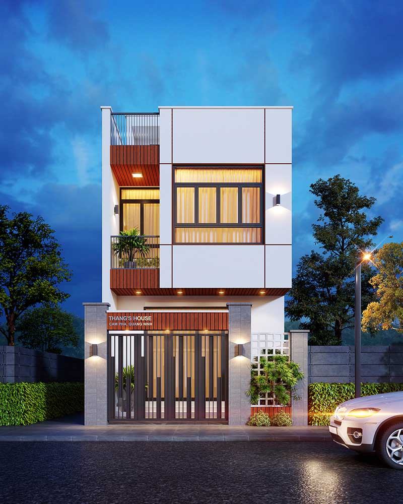 Phối cảnh nhà phố Hiện Đại 1 trệt 1 lầu 1 tum mặt tiền 5m Nhất Tín
