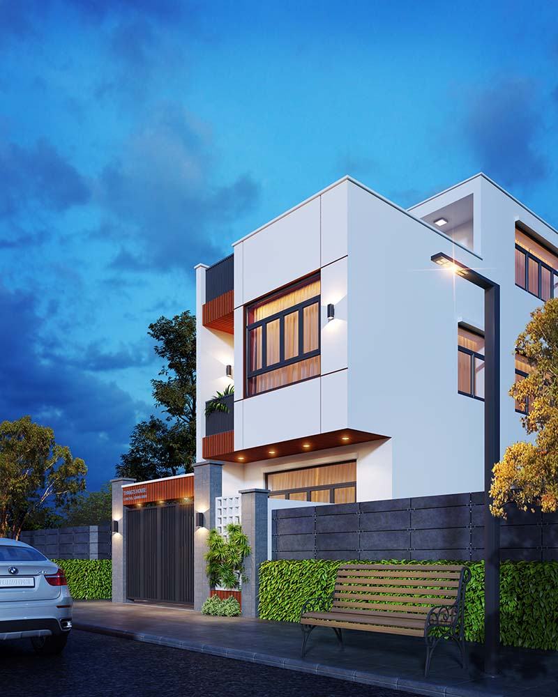 Phối cảnh nhà phố Hiện Đại 1 trệt 1 lầu 1 tum mặt tiền 5m Nhất Tín