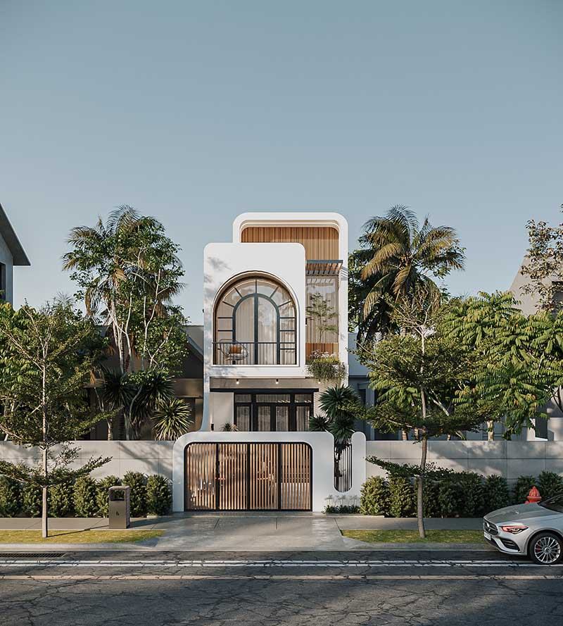 Thiết kế nhà mặt tiền 5m 1 trệt 1 lầu mái Bằng Hiện Đại Nhất Tín