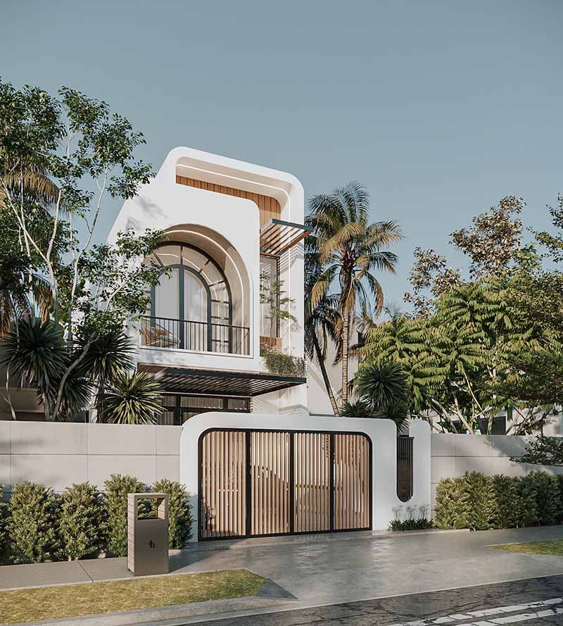 Thiết kế nhà mặt tiền 5m 1 trệt 1 lầu mái Bằng Hiện Đại Nhất Tín