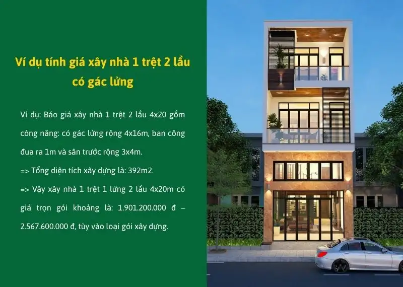 Ví dụ tính giá xây nhà 1 trệt 2 lầu có gác lửng Xây dựng Nhất Tín