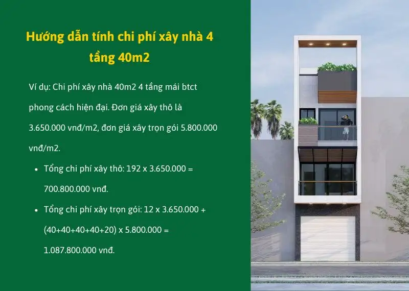 Hướng dẫn tính chi phí xây nhà 4 tầng 40m2 Xây dựng Nhất Tín