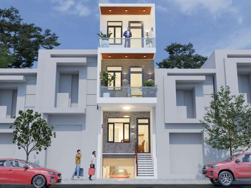 Phối cảnh nhà ống ngang 4m sâu 17m có tầng bán hầm Xây dựng Nhất Tín