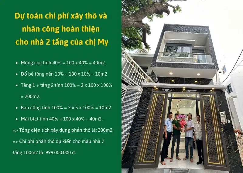 Dự toán chi phí xây thô và nhân công hoàn thiện cho nhà 2 tầng của chị My Xây dựng Nhất Tín
