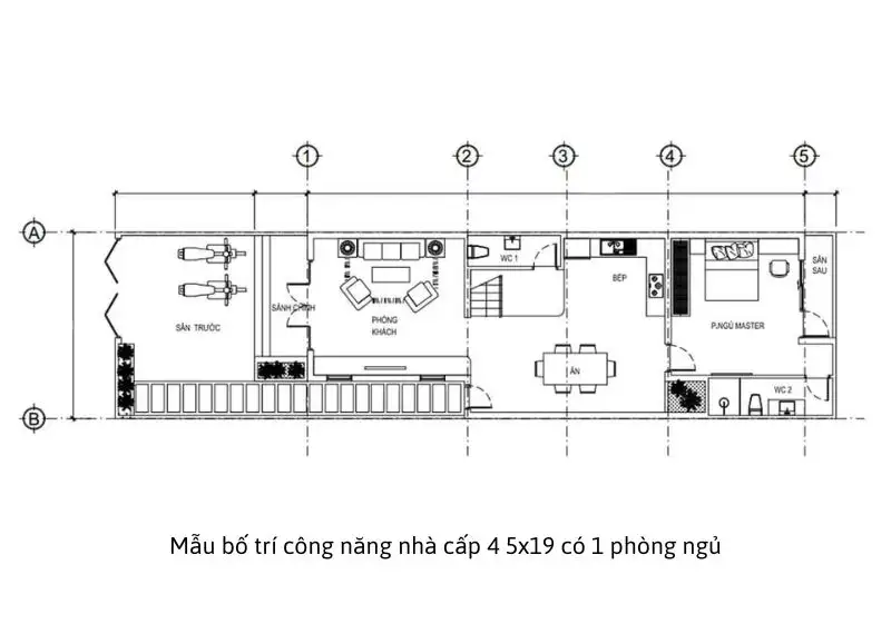Mặt bằng nhà cấp 4 ngang 5m sâu 19m tối ưu diện tích Xây dựng Nhất Tín 1