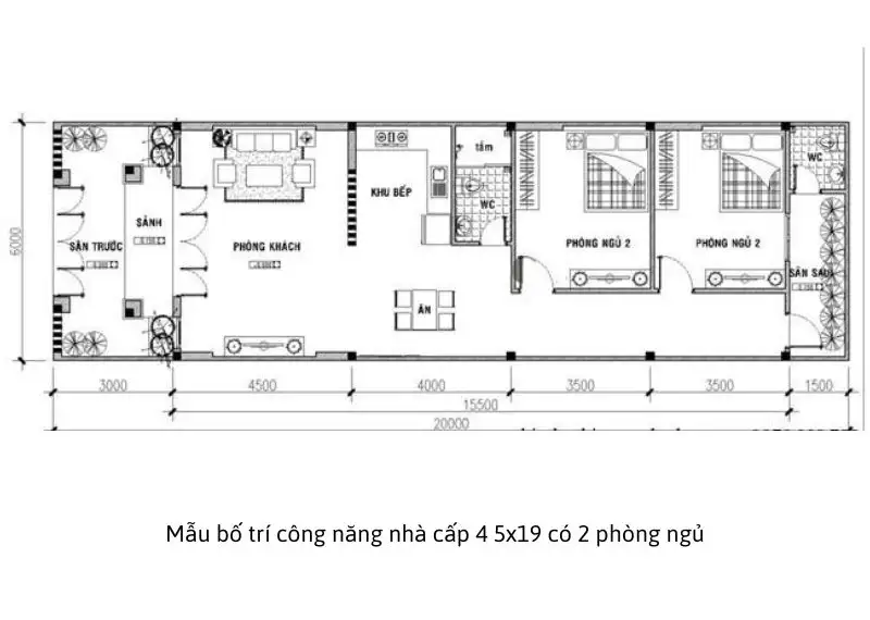 Mặt bằng nhà cấp 4 ngang 5m sâu 19m tối ưu diện tích Xây dựng Nhất Tín 1