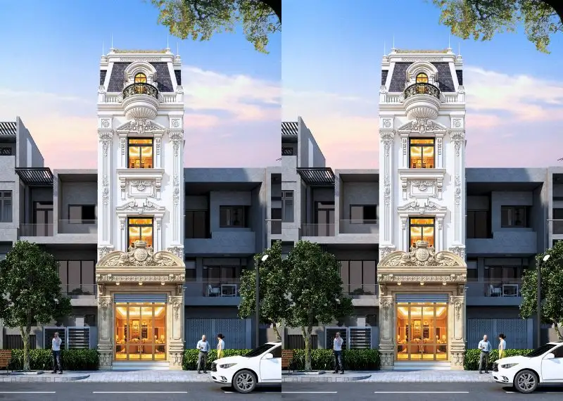 Mặt tiền nhà phố 5x19m Tân Cổ Điển với thiết kế mái Mansard Xây dựng Nhất Tín
