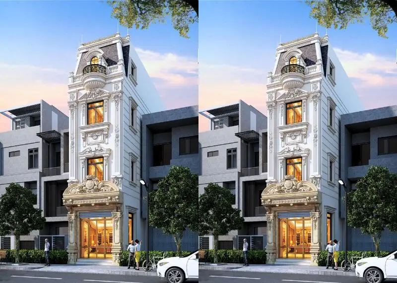 Mặt tiền nhà phố 5x19m Tân Cổ Điển với thiết kế mái Mansard Xây dựng Nhất Tín
