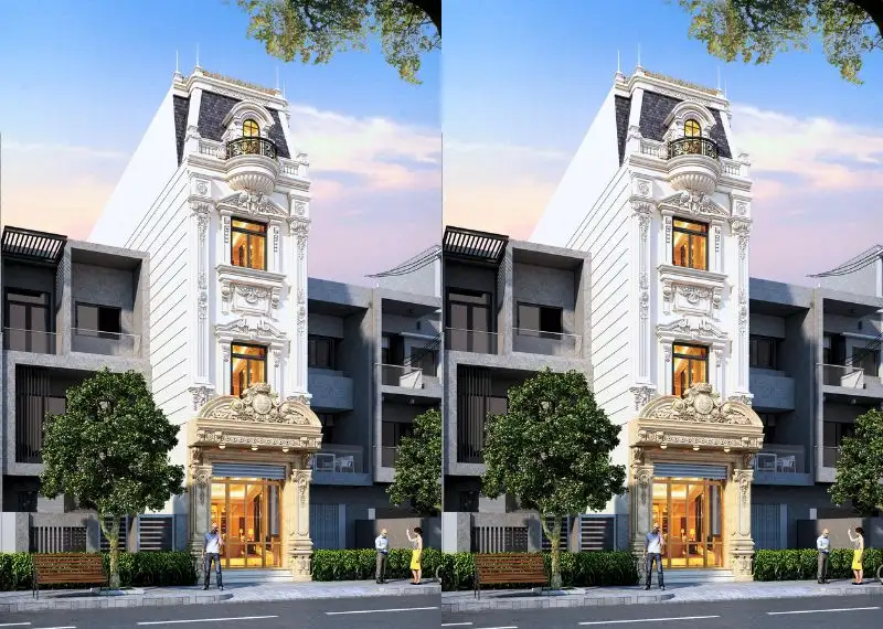 Mặt tiền nhà phố 5x19m Tân Cổ Điển với thiết kế mái Mansard Xây dựng Nhất Tín