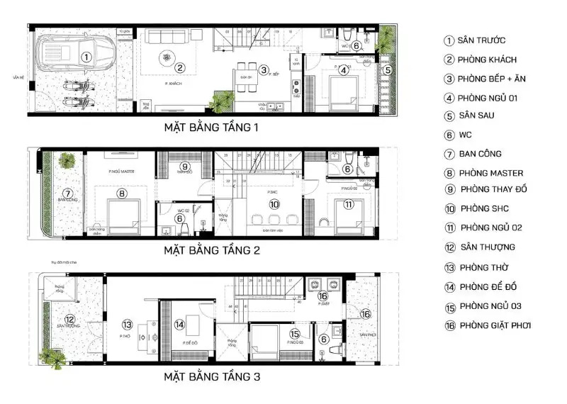 Mẫu 2D bố trí công năng nội thất nhà 3 tầng 5x19 Xây dựng Nhất Tín