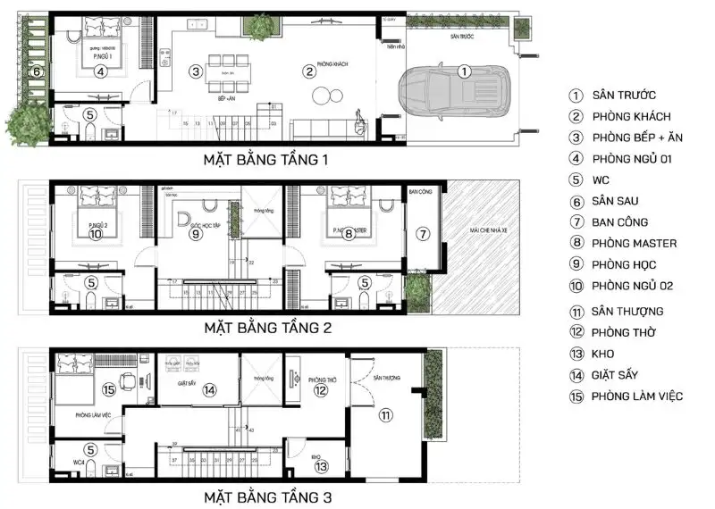 Mẫu 2D bố trí công năng nội thất nhà 3 tầng 5x19 Xây dựng Nhất Tín