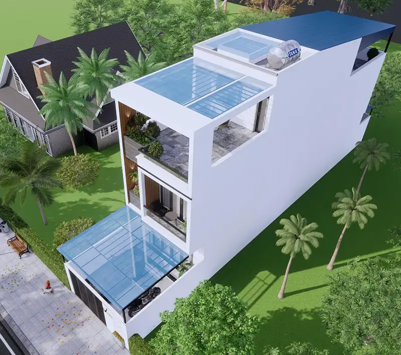 Mẫu nhà 5x13m 2 tầng 1 tum mái tôn Hiện Đại Xây dựng Nhất Tín