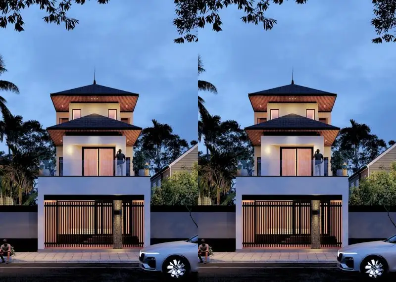 Phối cảnh 3d nhà 3 tầng 5x19 mái Nhật xếp chồng độc đáo Xây dựng Nhất Tín