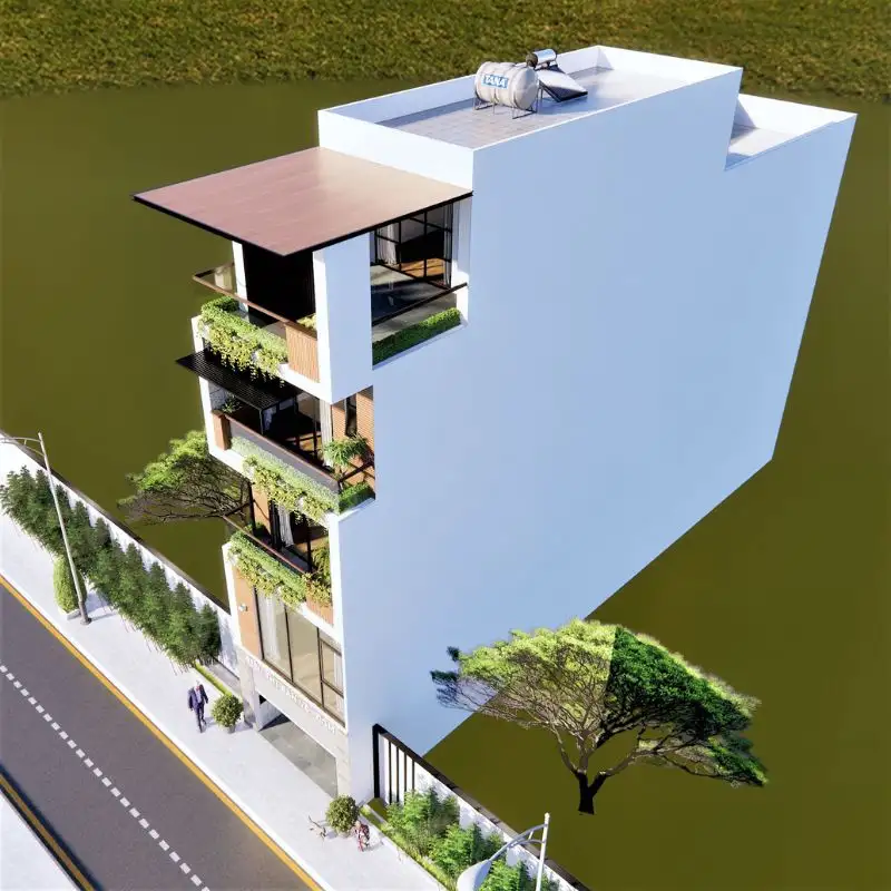 Thiết kế nhà 4 tầng ngang 5m dài 15m với hệ kính kịch tường giúp tối ưu hóa ánh sáng tự nhiên Xây Dựng Nhất Tín 1