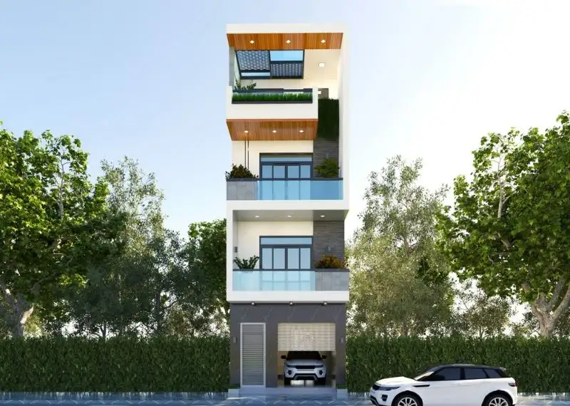 Thiết kế nhà 5x13m có thang máy 4 tầng với mặt tiền ốp đá xám cuốn hút Xây dựng Nhất Tín