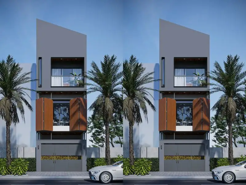 Mẫu nhà 6x15m có gara với gam màu xám và thiết kế lam cửa lùa ấn tượng Xây dựng Nhất Tín 1