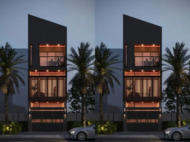 Mẫu nhà 6x15m có gara với gam màu xám và thiết kế lam cửa lùa ấn tượng Xây dựng Nhất Tín 1