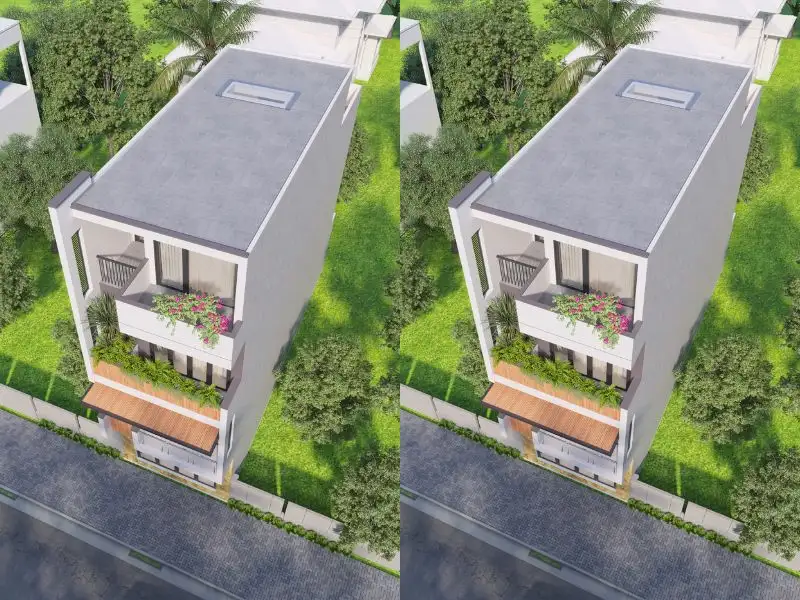 Mẫu nhà phố 6x12 đẹp 4 tầng với thiết kế ban công ốp gỗ hút mắt Xây dưng Nhất Tín 1