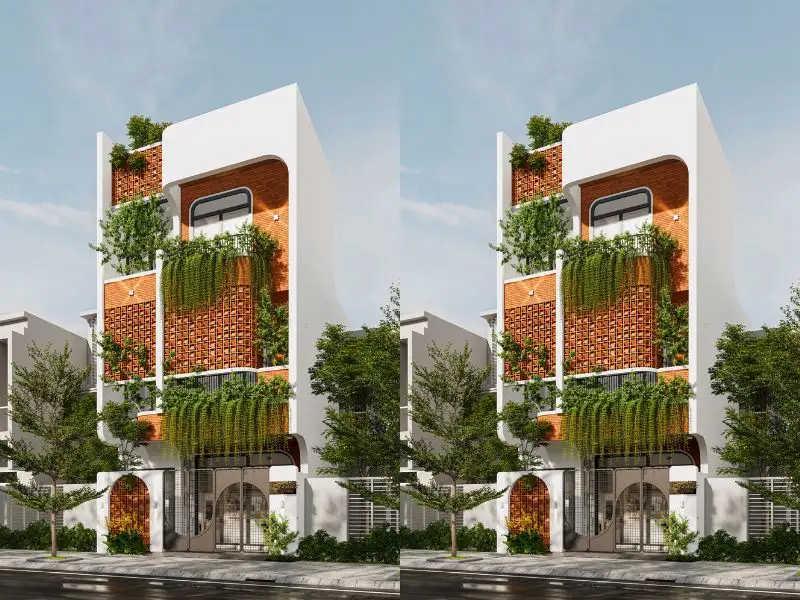 Thiết kế nhà 6x8m 4 tầng với mặt tiền sử dụng gạch bông gió kết hợp gạch mộc lạ mắt Xây dựng Nhất Tín 1