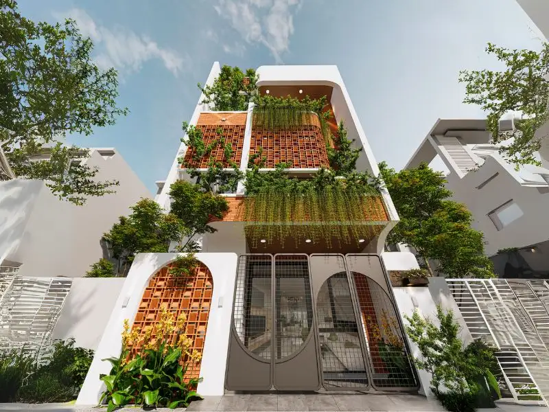 Thiết kế nhà 6x8m 4 tầng với mặt tiền sử dụng gạch bông gió kết hợp gạch mộc lạ mắt Xây dựng Nhất Tín 1