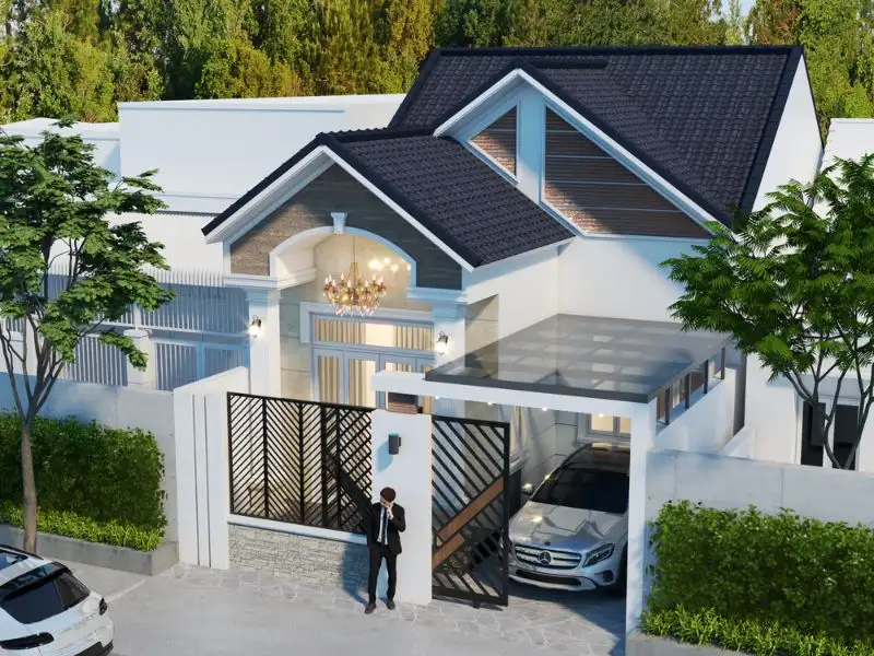 Thiết kế nhà ngang 6m dài 8m mái Thái có gara để xe tối ưu Xây dựng Nhất Tín 1