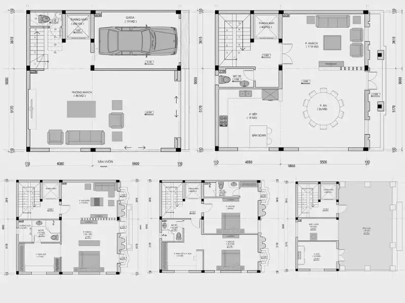 Bản vẽ bố trí công năng nhà 4 tầng 1 tum diện tích 8x8 có thang máy Xây dựng Nhất Tín