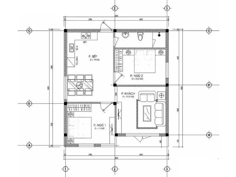 Mặt bằng 2D bố trí nội thất nhà 8x8 1 tầng Xây dựng Nhất Tín 1