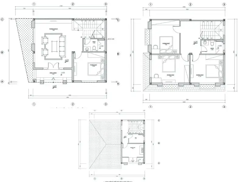 Mẫu bố trí công năng nhà 3 tầng 8x8m xây dựng Nhất Tín