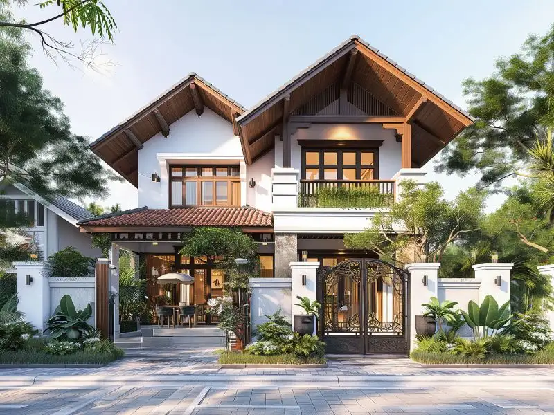 Mẫu nhà 2 tầng 4 phòng ngủ 10x12m phong cách Đông Dương Xây dựng Nhất Tín 1
