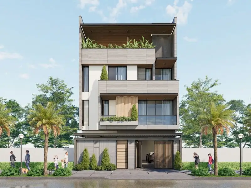 Mẫu nhà ngang 10x4m 4 tầng tông màu trung tính có gara đậu ô tô xây dựng Nhất Tín 1