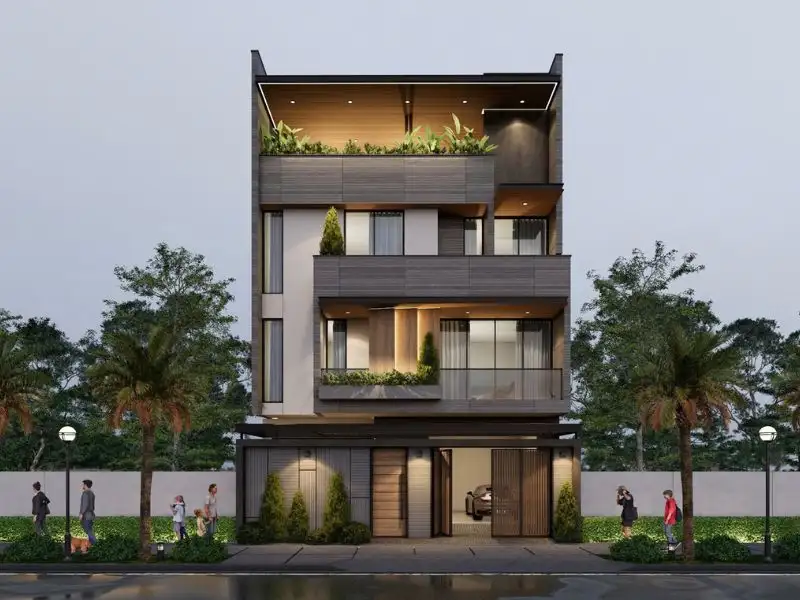 Mẫu nhà ngang 10x4m 4 tầng tông màu trung tính có gara đậu ô tô xây dựng Nhất Tín 1