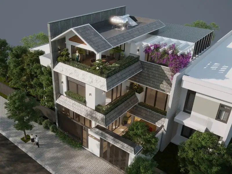Thiết kế nhà ngang 10m sâu 10m 3 tầng có Seno trang trí Xây dựng Nhất Tín 1